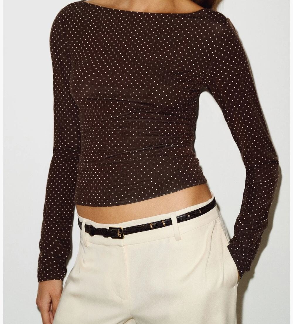 Reformation Brown White Polka Dot Fitted Long Sleeve Top S